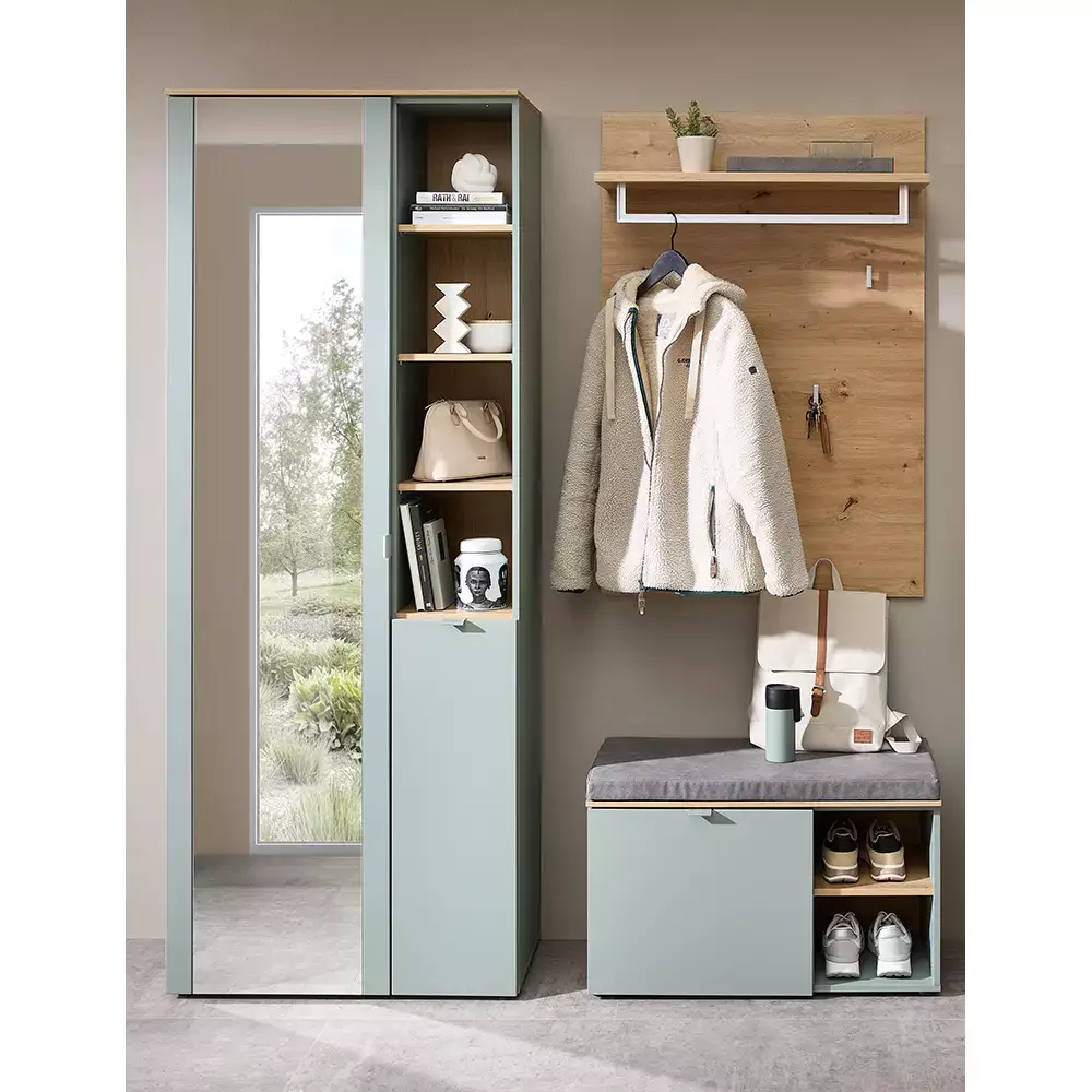 Lomadox Garderobe modern 3-teilig mit Garderobenpaneel grün matt mit Eiche BLISS-36 Clearance-Verkauf