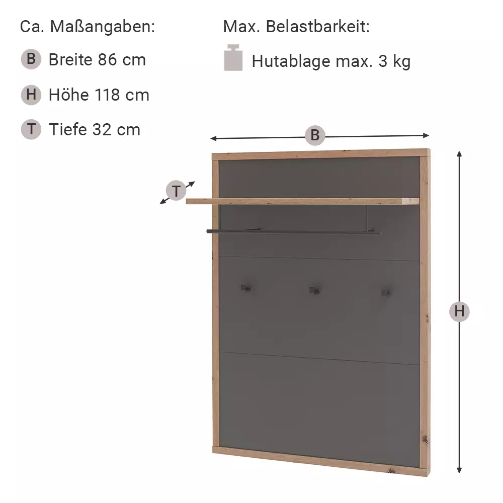 Lomadox Garderoben Set 6-teilig, optionale Beleuchtung, Garderobenbank inkl. Sitzkissen, grau matt, Eiche LAKELAND-05 Im Verkauf