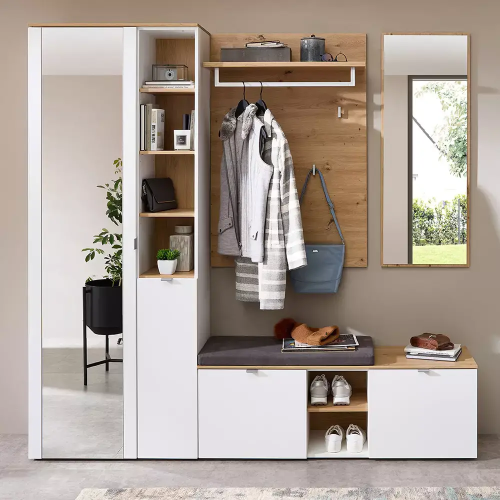 Lomadox Garderoben Set mit Garderobenschrank weiß matt mit Eiche BLISS-36, 4-teilig