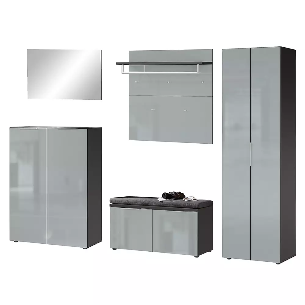 Lomadox Garderoben Set mit Glasfronten inkl. Sitzkissen graphit, grau GENEVA-01, 5-teilig