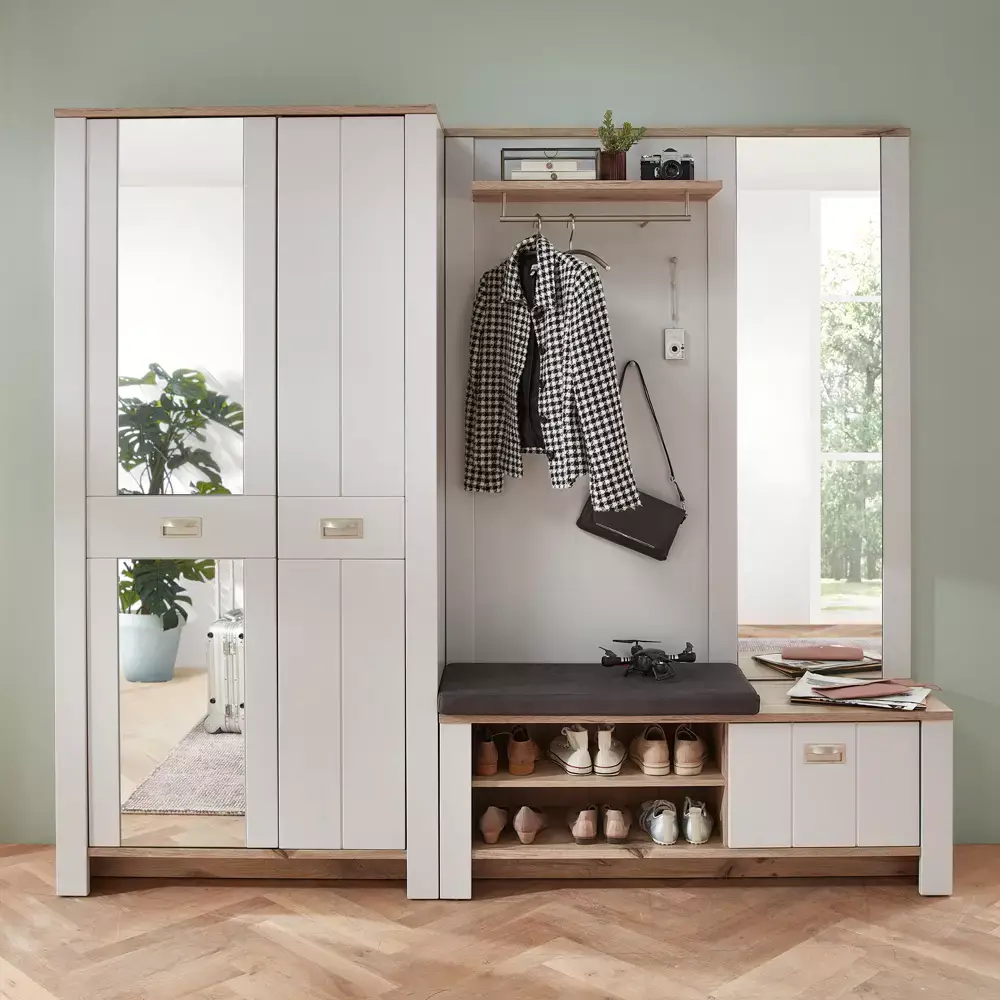 Lomadox Garderoben Set mit Schrank und Spiegel, hellgrau im Landhausstil mit Eiche, DEVON-36