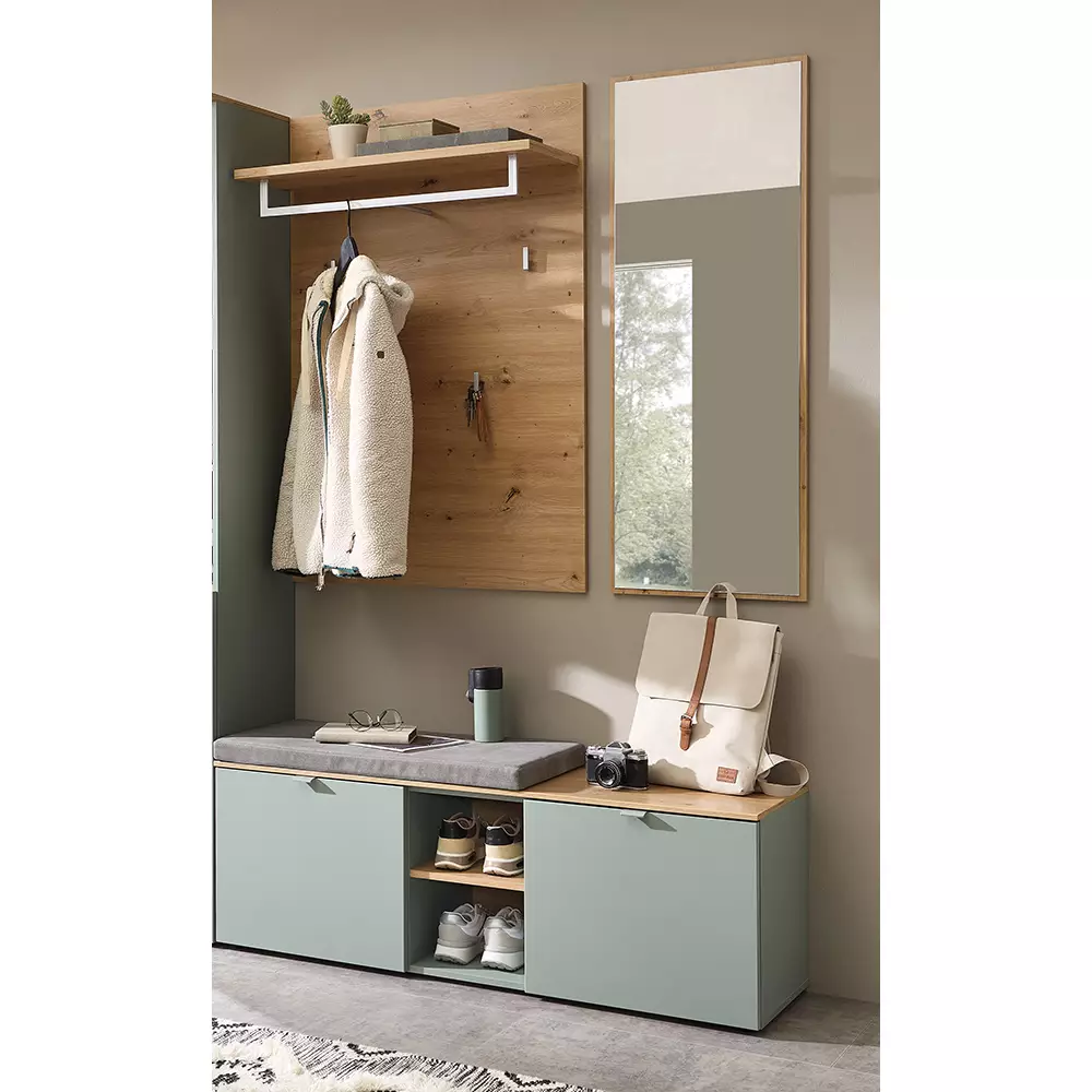 Lomadox Garderoben Set mit Schuhbank grün matt mit Eiche BLISS-36, 3-teilig