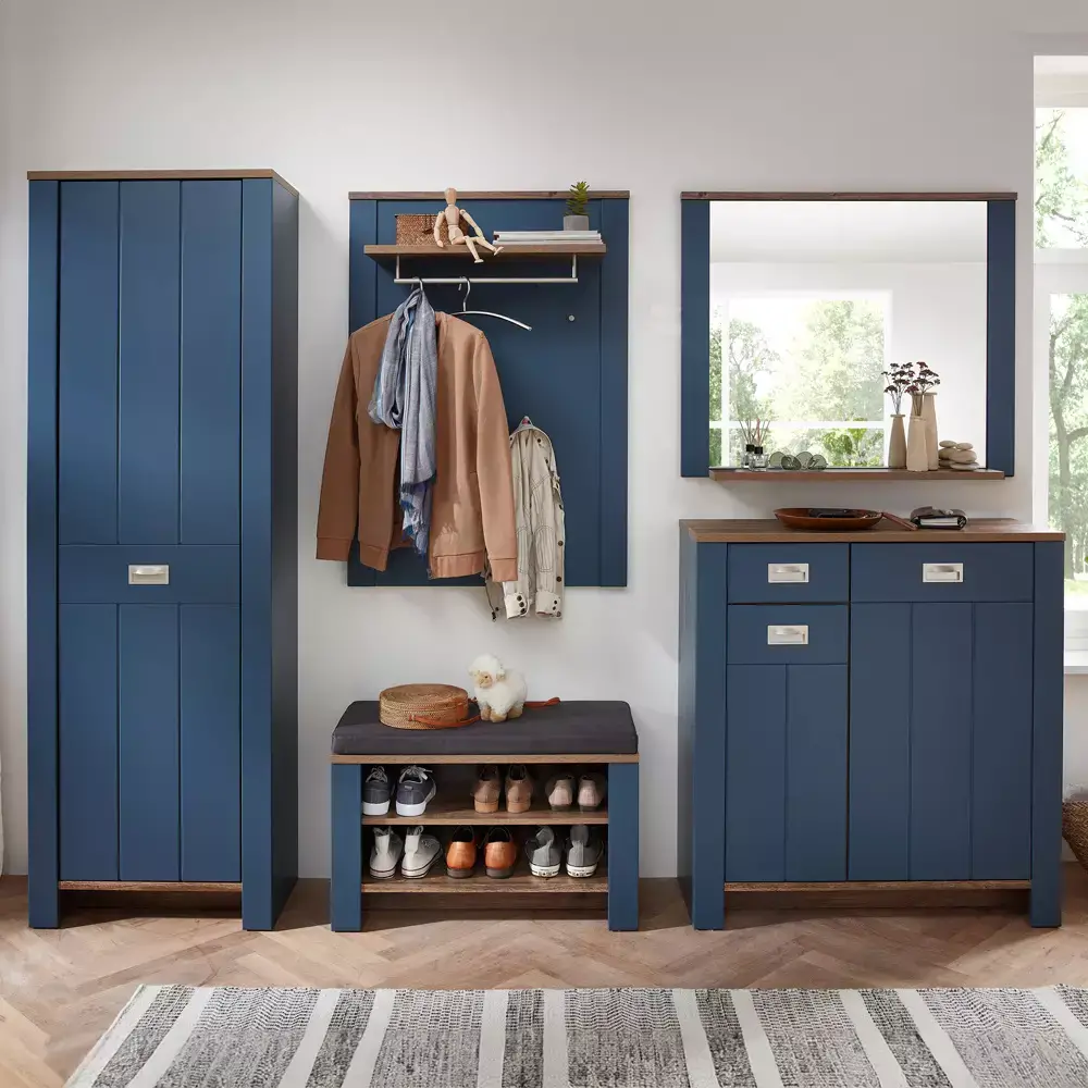 Lomadox Garderoben Set mit Schuhschrank und Spiegel, blau im Landhausstil mit Eiche, DEVON-36