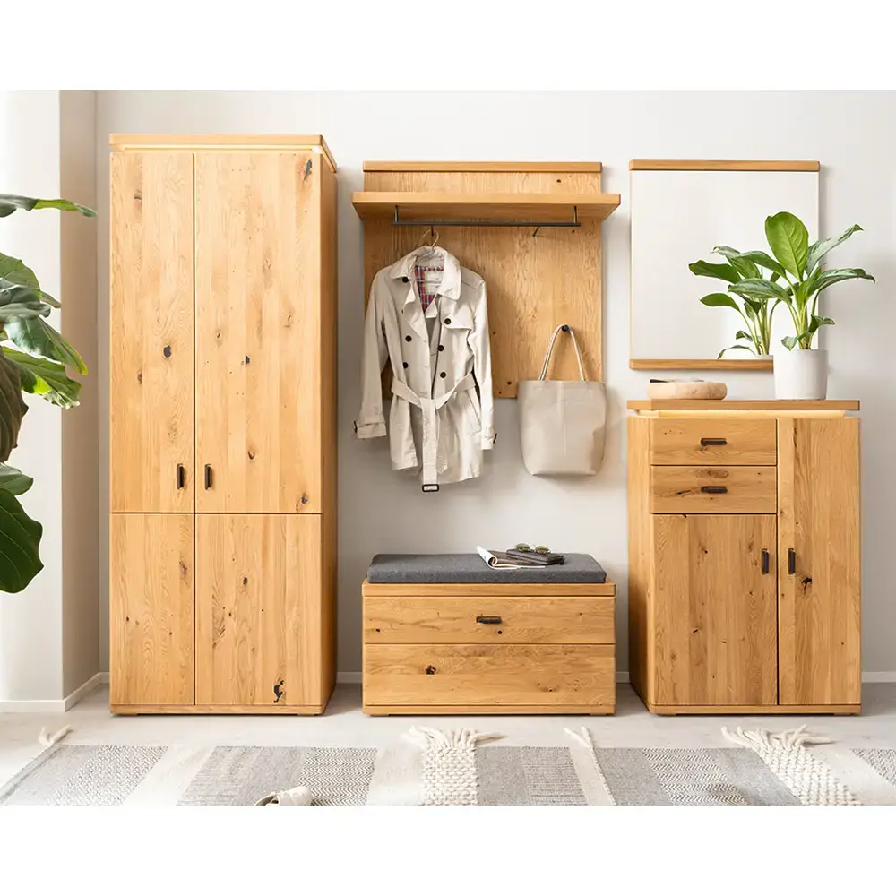 Lomadox Garderoben Set mit Spiegel und Paneel in Eiche teilmassiv BELLAMONTE-05, inkl. Beleuchtung modern