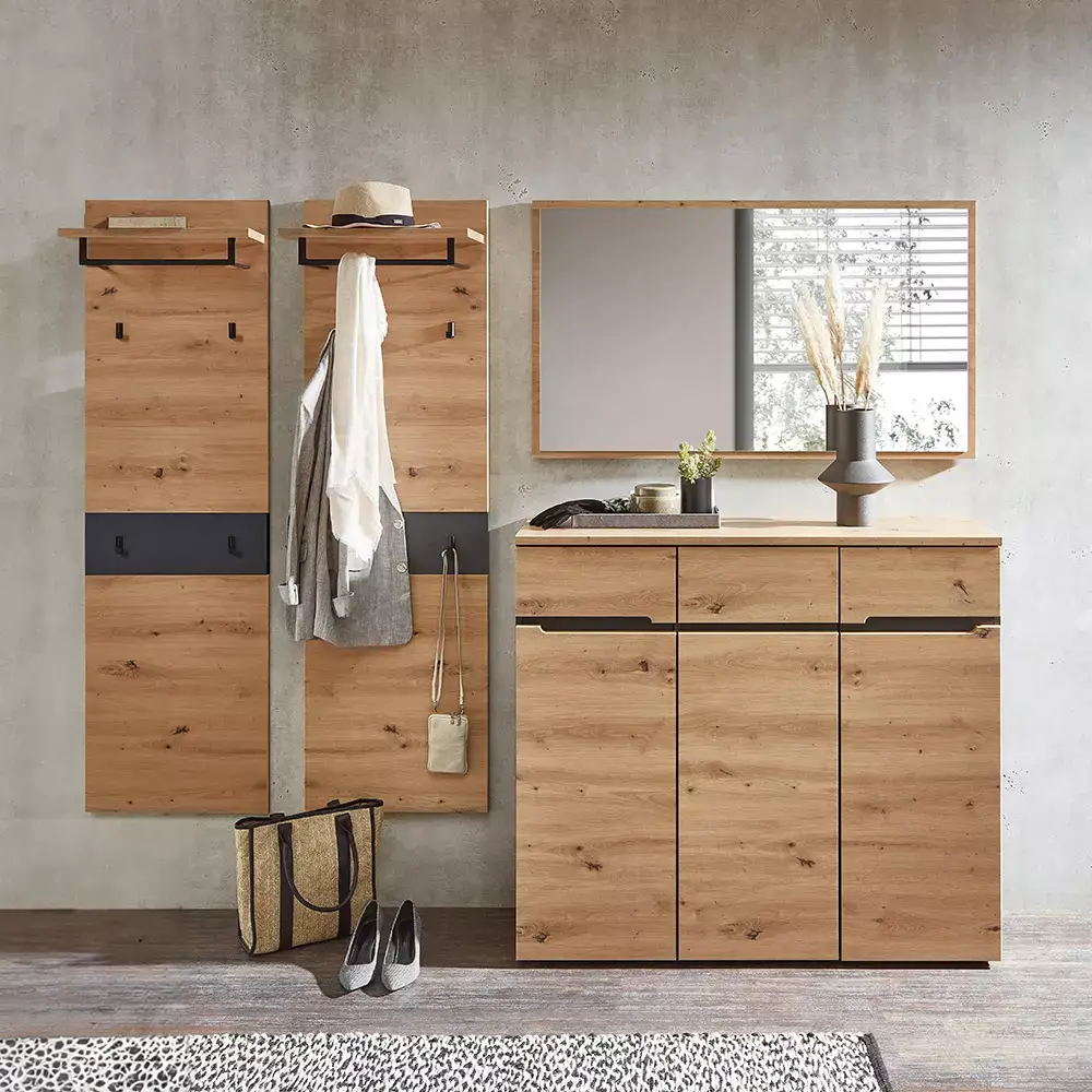Lomadox Garderoben Set mit Spiegel, Schuhschrank, 2 x Garderobenpaneel MANRESA-36 in Artisan Eiche Nb. mit Graphit