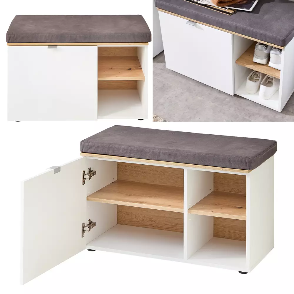 Lomadox Garderoben Set modern 3-teilig weiß matt mit Eiche BLISS-36, inkl. Sitzpolster Großer Ausverkauf