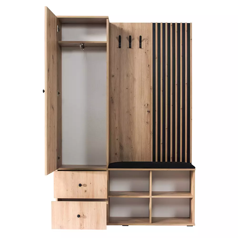 Lomadox Garderoben Set modern inkl. Sitzpolster Eiche mit schwarz CALLAO-161 Flash Sale