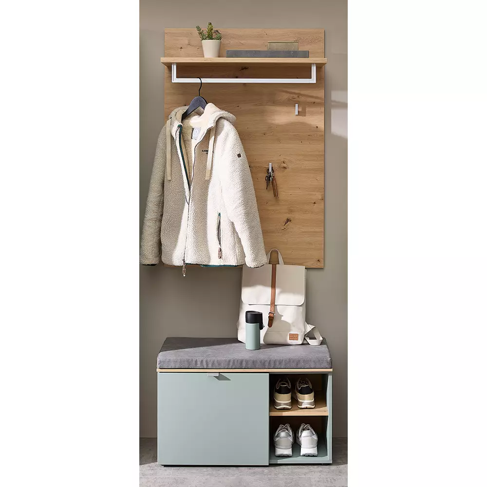 Lomadox Garderoben Set Schubank inkl. Sitzpolster, Garderobenpaneel grün matt mit Eiche BLISS-36