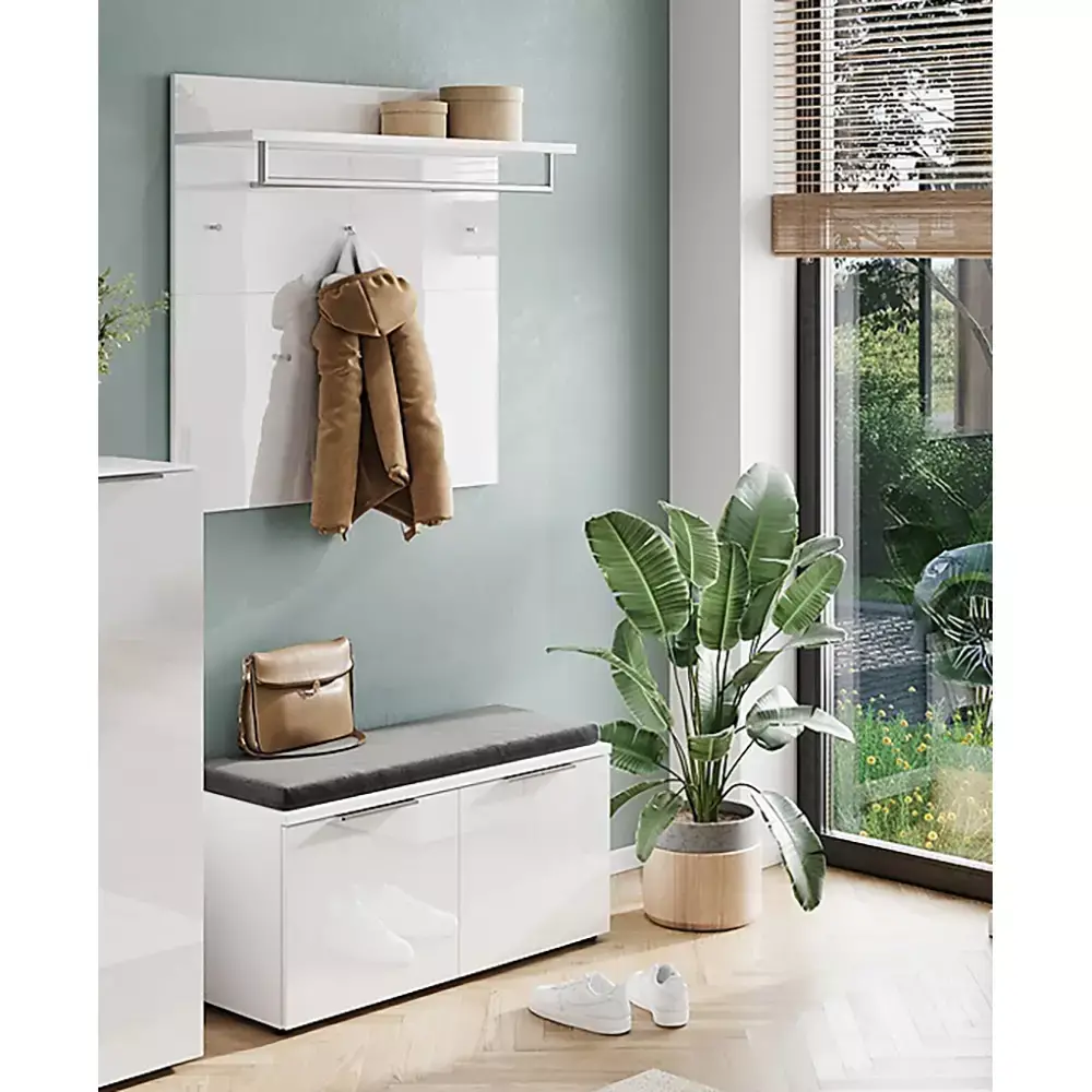 Lomadox Garderoben Set Schuhbank inkl. Sitzkissen und Wandgarderobe weiß Glasfronten GENEVA-01