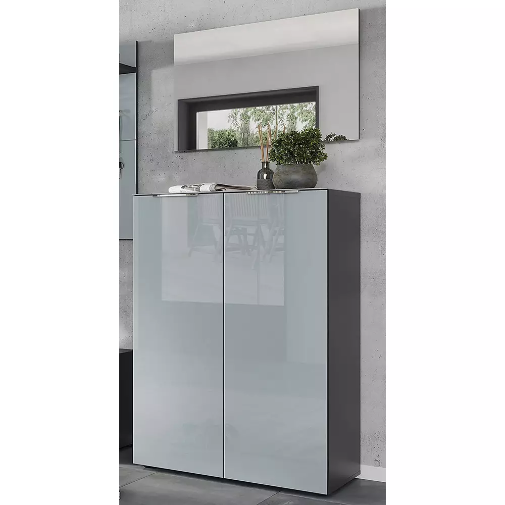 Lomadox Garderoben Set Schuhschrank und Spiegel graphit mit Glasfront grau GENEVA-01