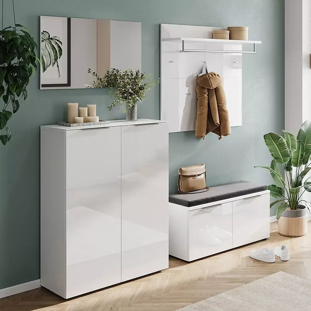 Lomadox Garderoben Set weiß 4-teilig inkl. Sitzkissen mit Glasfronten GENEVA-01
