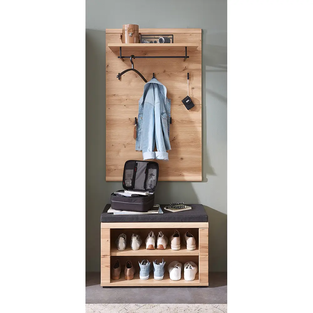 Lomadox Garderoben-Set 2-teilig mit Schuhbank und Garderobenpaneel, braun, Esche massiv, SARINA-37 Neueste Mode