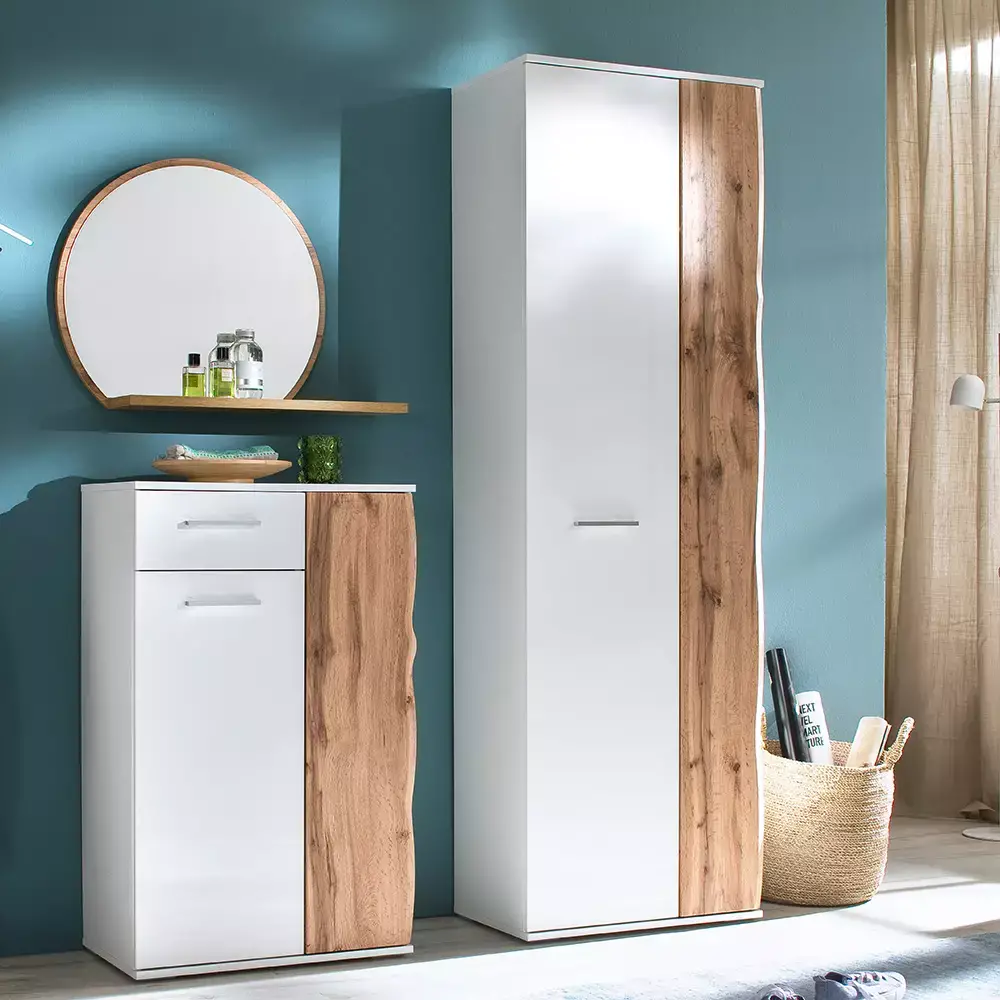Lomadox Garderoben-Set 3-teilig mit Garderobenschrank in weiß Hochglanz mit Eiche Modern GUARDA-05