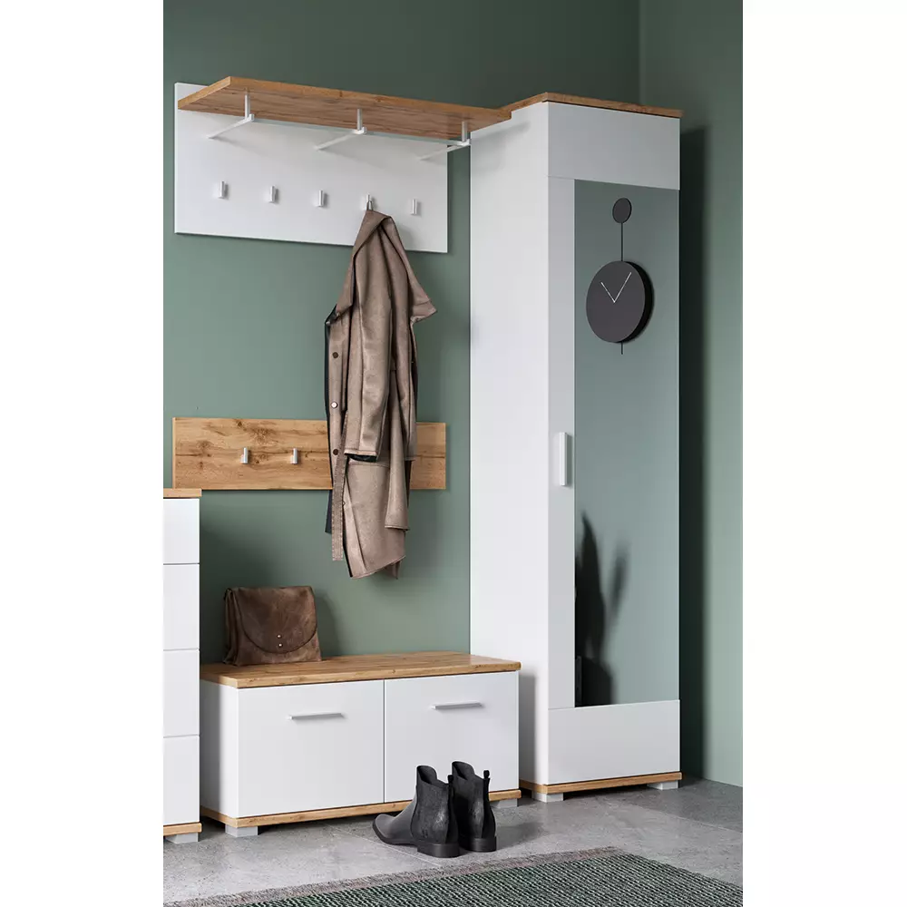 Lomadox Garderoben-Set 4-teilig mit Garderobenschrank in weiß mit Eiche HUESCA-129 Wochenangebot