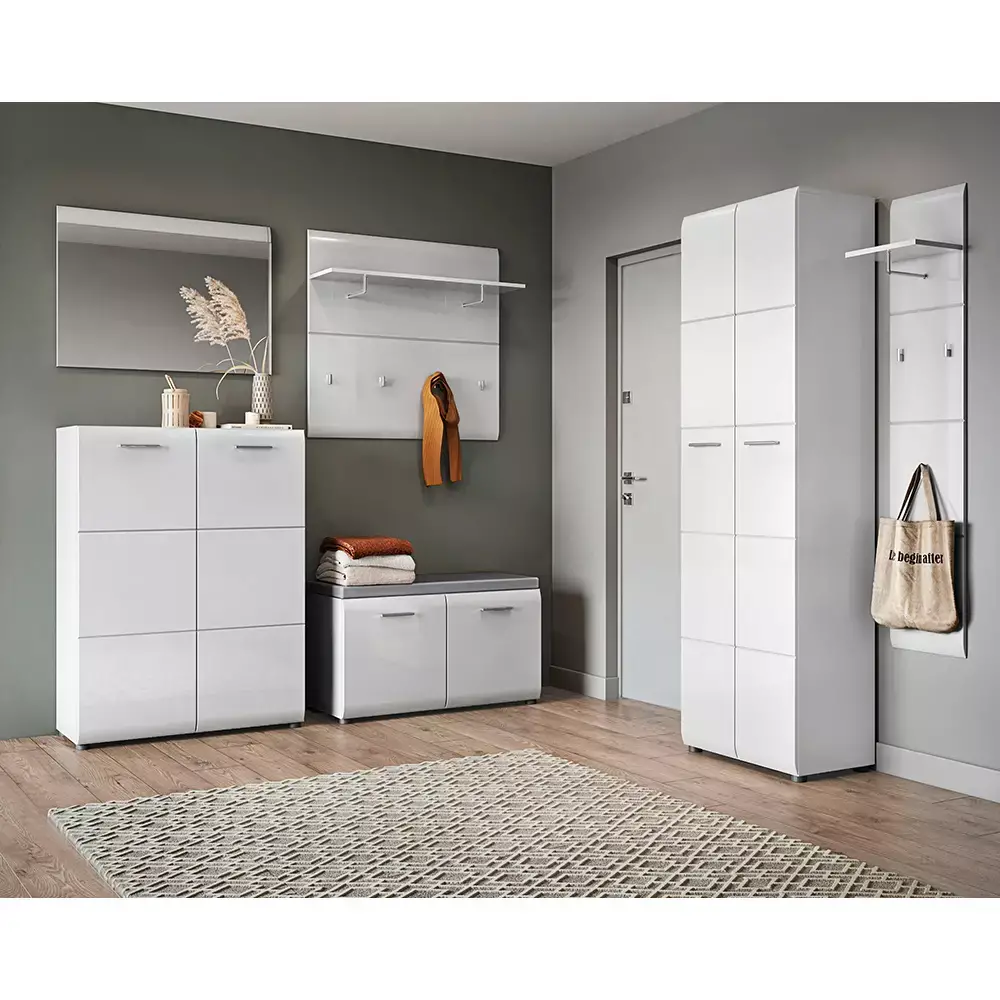 Lomadox Garderoben-Set 6-teilig mit Garderobenschrank, 2x Garderobenpaneel weiß Hochglanz MALABO-129