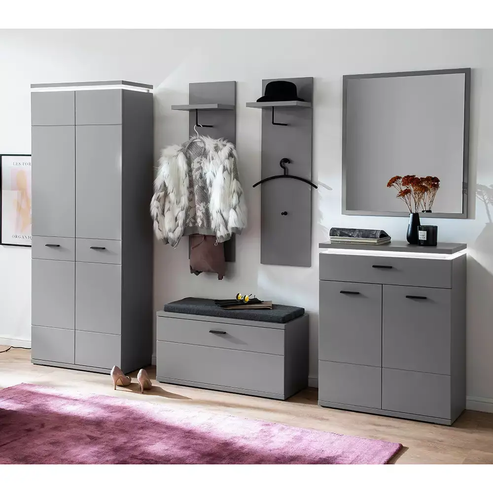 Lomadox Garderoben-Set 6-teilig mit Sitzkissen und LED-Beleuchtung, grau, modern, ALBUFEIRA-05