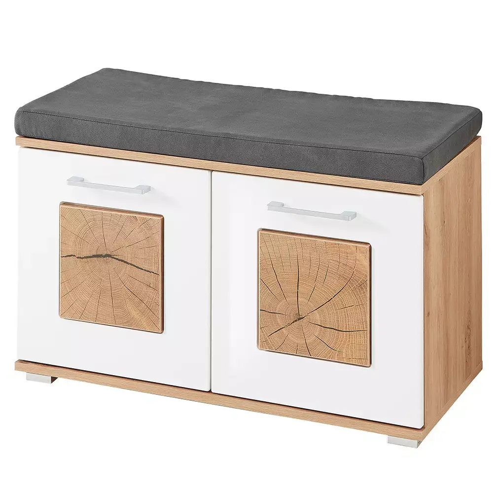 Lomadox Garderoben-Set mit Garderobenbank und Sitzpolster 2-teilig in Eiche mit weiß Hochglanz, FARGO-36 Discount Store für neue Produkte