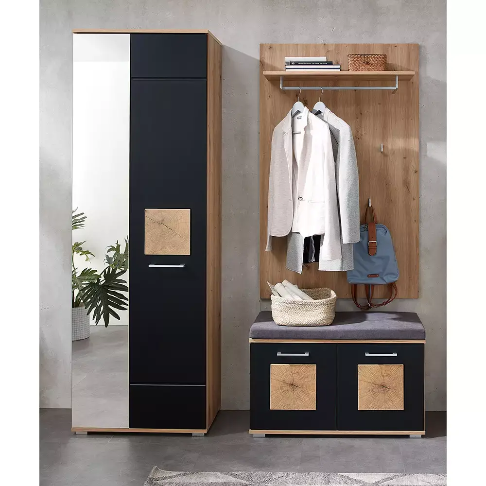 Lomadox Garderoben-Set mit Garderobenschrank, Garderobenbank und Sitzpolster 3-teilig in Eiche mit schwarz supermatt, FARGO-36