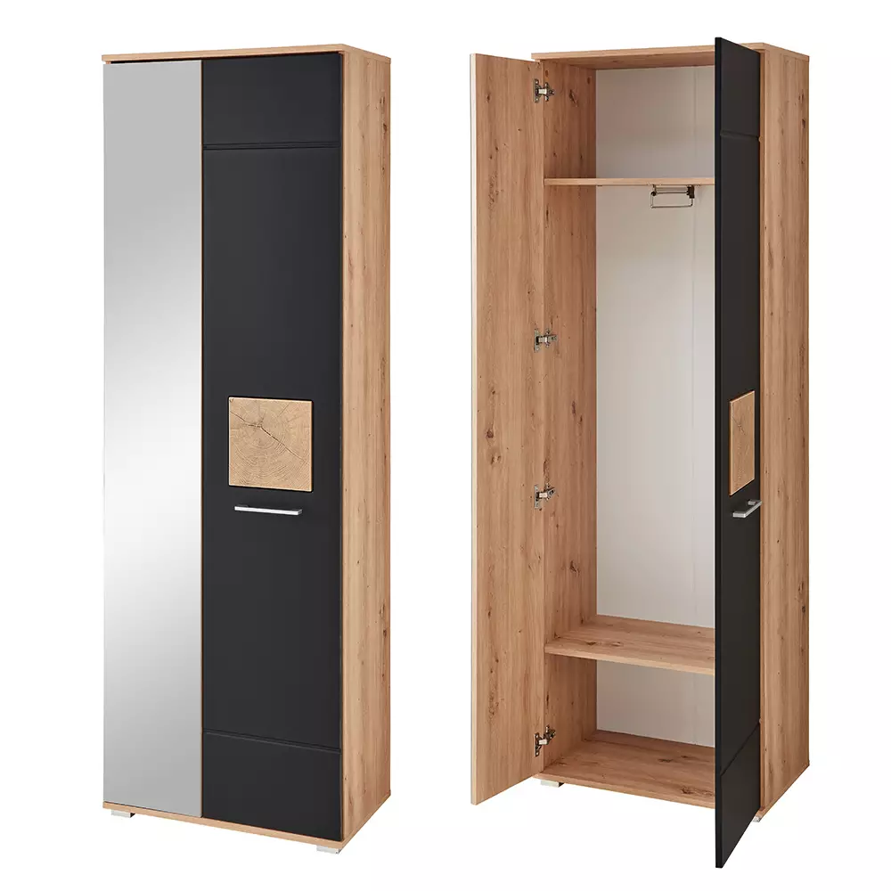 Lomadox Garderoben-Set mit Garderobenschrank, Garderobenbank und Sitzpolster 3-teilig in Eiche mit schwarz supermatt, FARGO-36 Riesige Rabatte