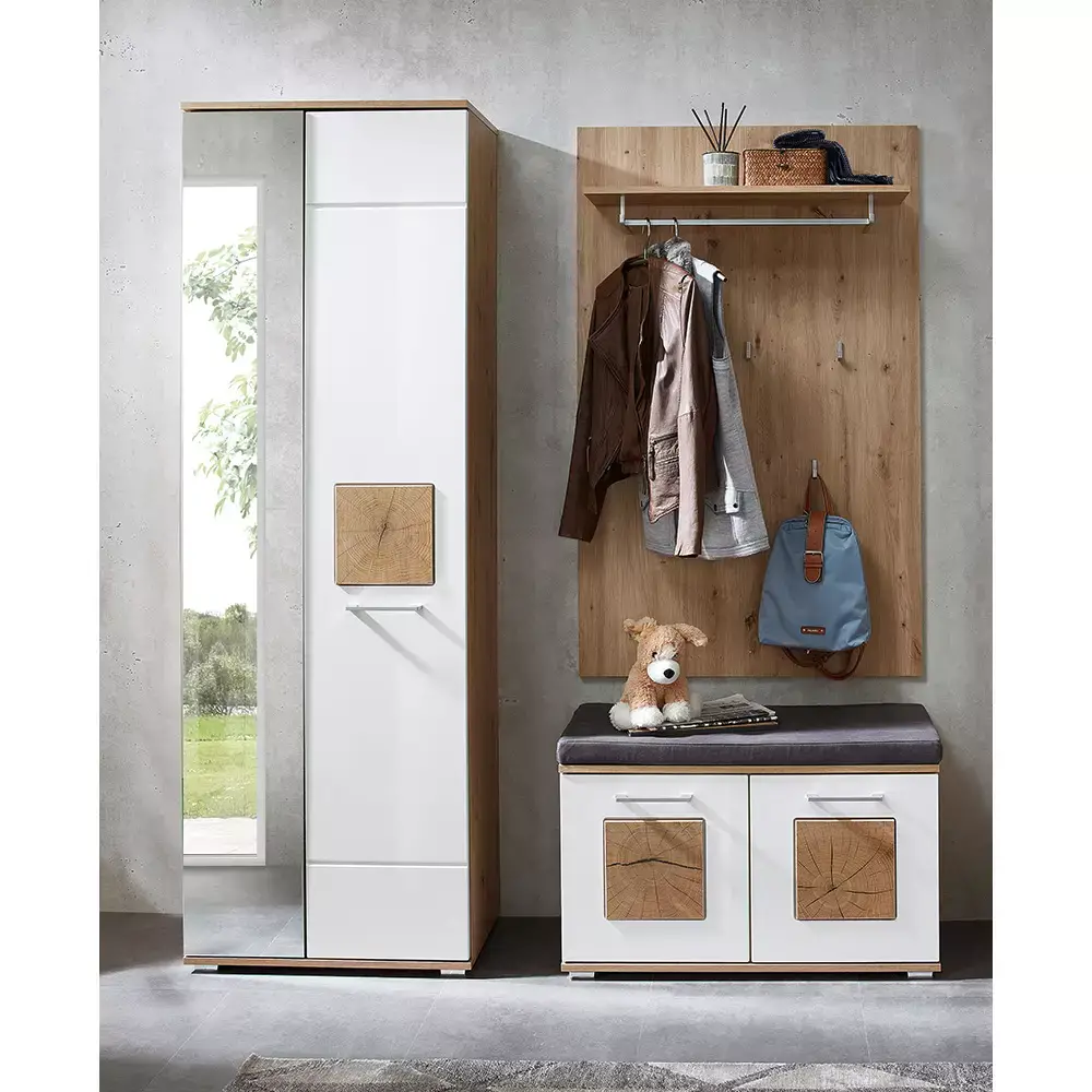 Lomadox Garderoben-Set mit Garderobenschrank, Garderobenbank und Sitzpolster 3-teilig in Eiche mit weiß Hochglanz, FARGO-36
