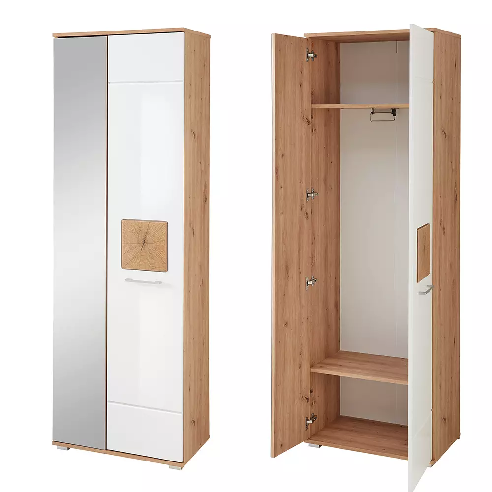 Lomadox Garderoben-Set mit Garderobenschrank, Garderobenbank und Sitzpolster 3-teilig in Eiche mit weiß Hochglanz, FARGO-36 50% Rabatt mit kostenlosem Versand