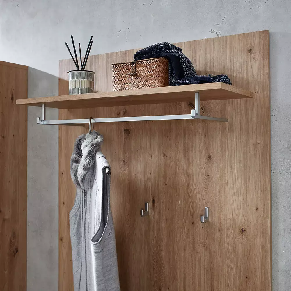Lomadox Garderoben-Set mit Garderobenschrank, Garderobenbank und Sitzpolster 3-teilig in Eiche mit weiß Hochglanz, FARGO-36 50% Rabatt mit kostenlosem Versand