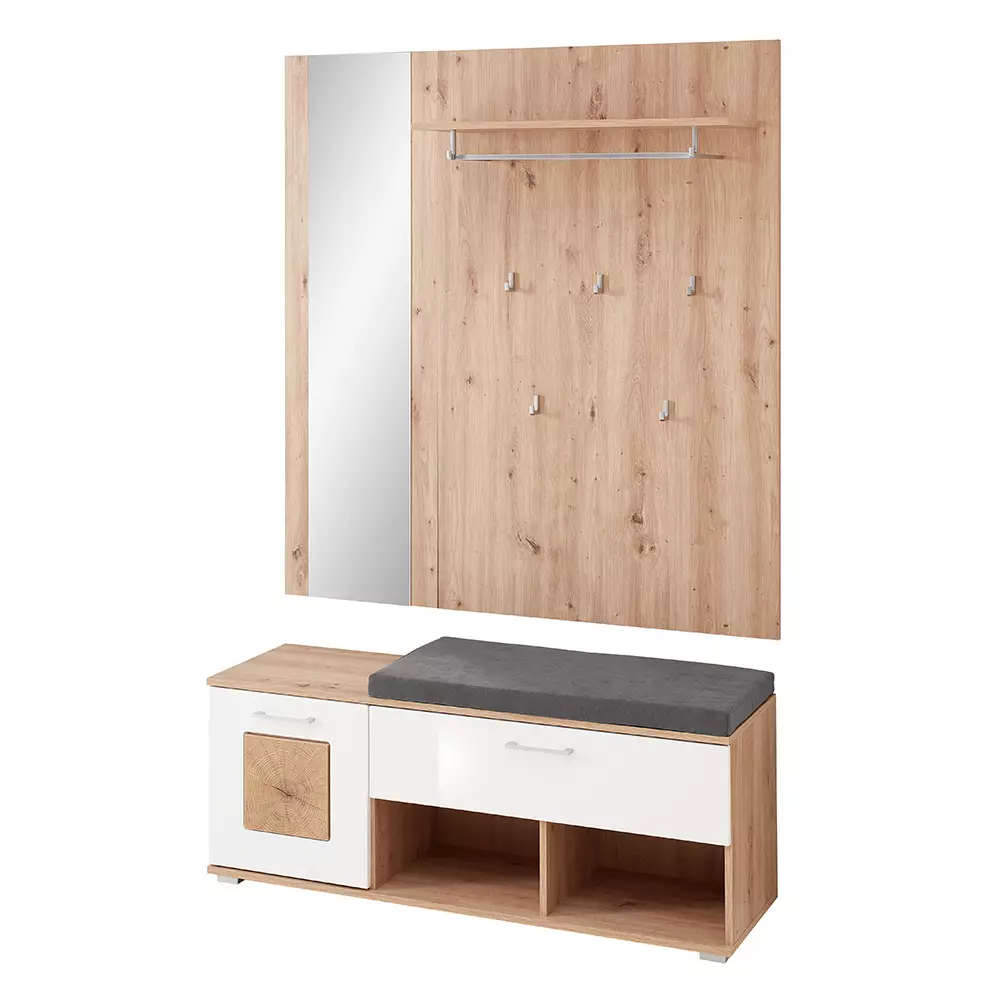 Lomadox Garderoben-Set mit Garderobenschrank, Garderobenbank und Sitzpolster 4-teilig in Eiche mit weiß Hochglanz, FARGO-36 Clearance-Verkauf