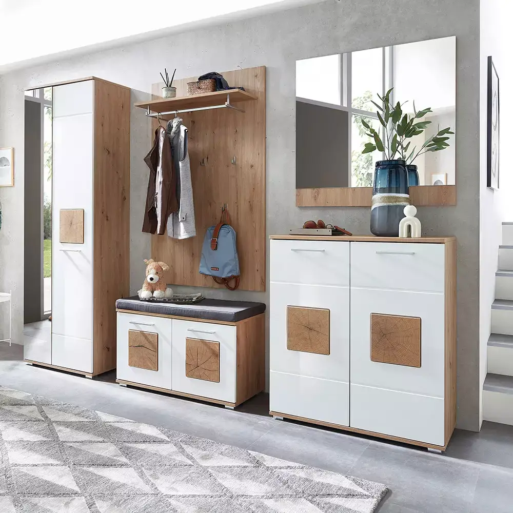 Lomadox Garderoben-Set mit Garderobenschrank, Garderobenbank und Sitzpolster 5-teilig in Eiche mit weiß Hochglanz, FARGO-36