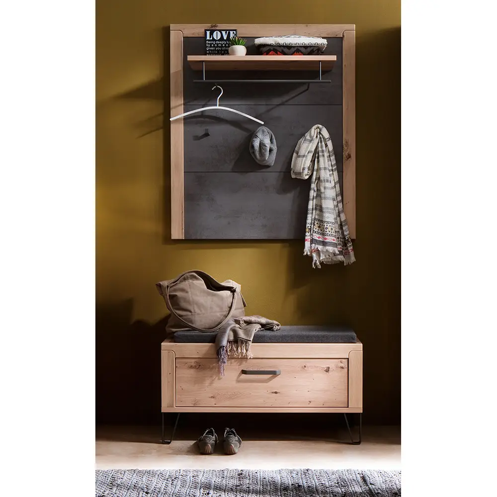 Lomadox Garderobenbank inkl. Sitzkissen und Wandgarderobe Eiche, grau IOLA-05