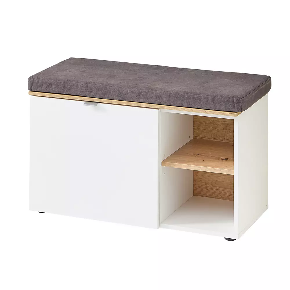Lomadox Garderobenbank inkl. Sitzpolster 78 cm breit weiß matt mit Eiche BLISS-36