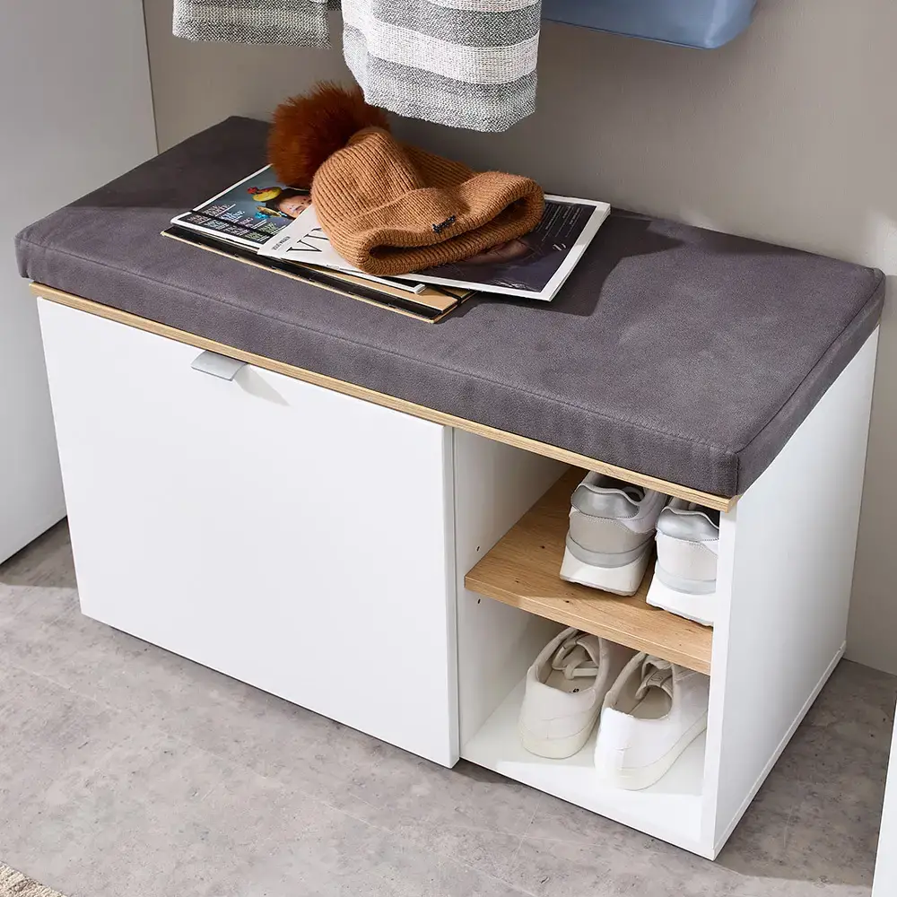 Lomadox Garderobenbank inkl. Sitzpolster 78 cm breit weiß matt mit Eiche BLISS-36 im Angebot