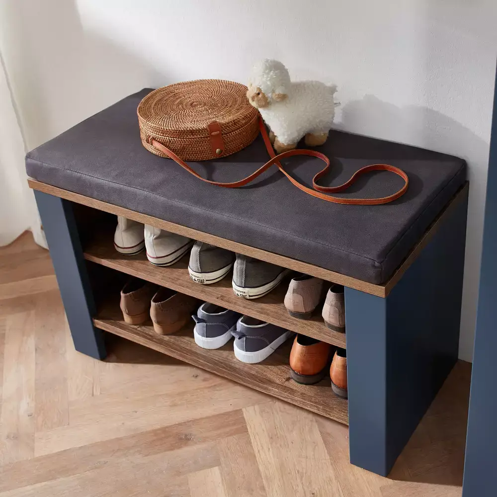Lomadox Garderobenbank matt blau mit Eiche DEVON-36 Landhausstil, 81 cm breit, mit Sitzkissen Blitzverkäufe
