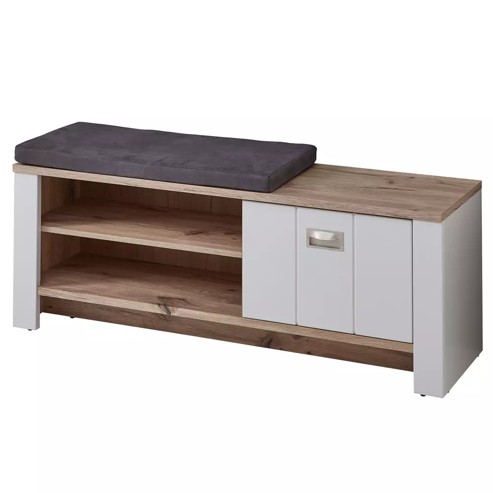 Lomadox Garderobenbank matt grau mit Eiche DEVON-36 Landhausstil, 130 cm breit, mit Sitzkissen