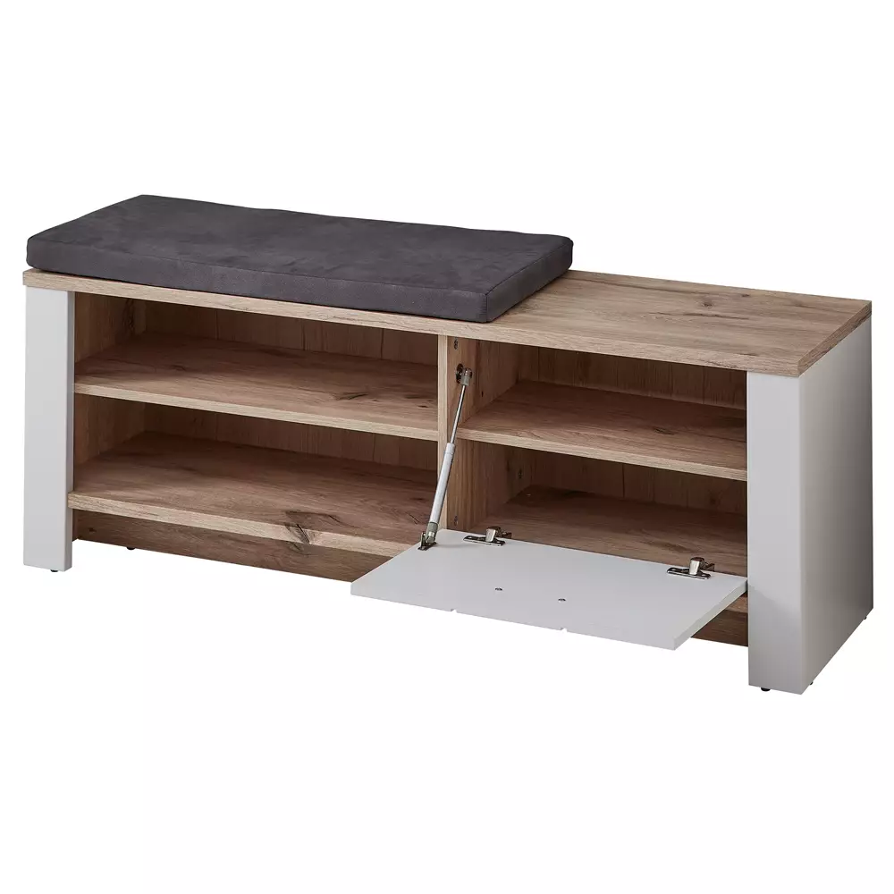 Lomadox Garderobenbank matt grau mit Eiche DEVON-36 Landhausstil, 130 cm breit, mit Sitzkissen Kostenloser Versand