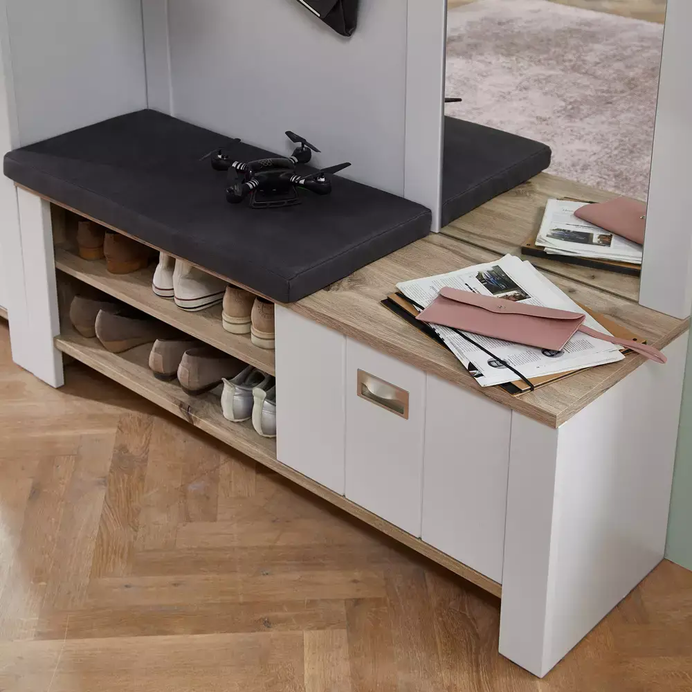 Lomadox Garderobenbank matt grau mit Eiche DEVON-36 Landhausstil, 130 cm breit, mit Sitzkissen Kostenloser Versand