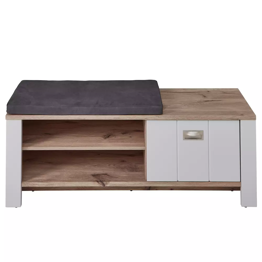Lomadox Garderobenbank matt grau mit Eiche DEVON-36 Landhausstil, 130 cm breit, mit Sitzkissen Kostenloser Versand