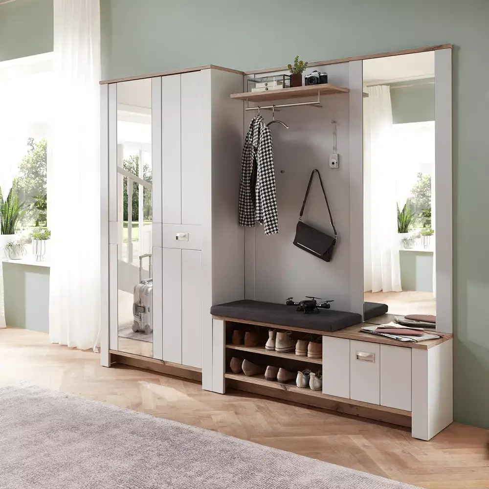 Lomadox Garderobenbank matt grau mit Eiche DEVON-36 Landhausstil, 130 cm breit, mit Sitzkissen Kostenloser Versand