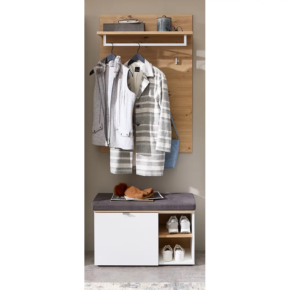 Lomadox Garderobenbank und Wandgarderobe weiß matt mit Eiche BLISS-36, inkl. Sitzpolster