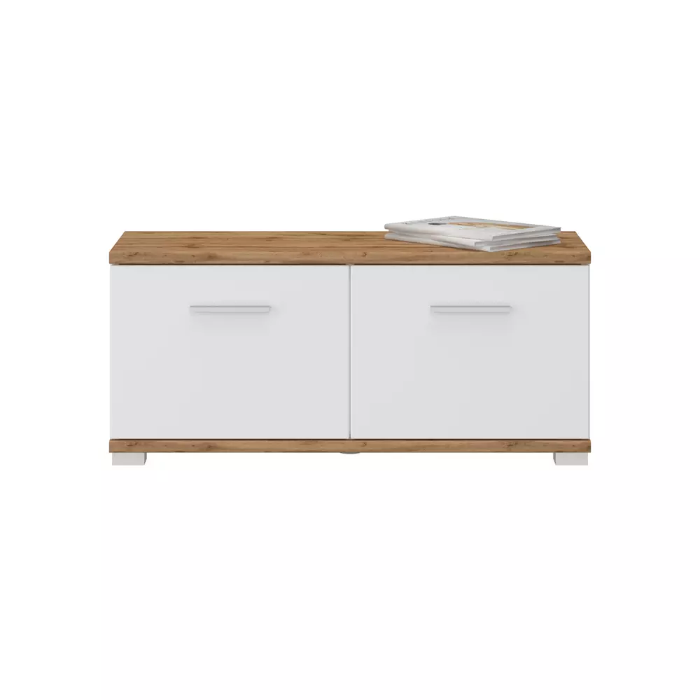 Lomadox Garderobenbank, weiß Hochglanz mit Eiche, HUESCA-129 Begrenztes Angebot