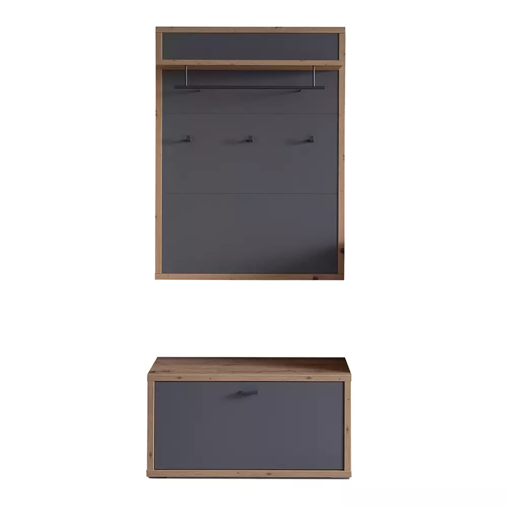 Lomadox Garderoben Set 2-teilig mit Garderobenbank, grau matt, Eiche, LAKELAND-05
