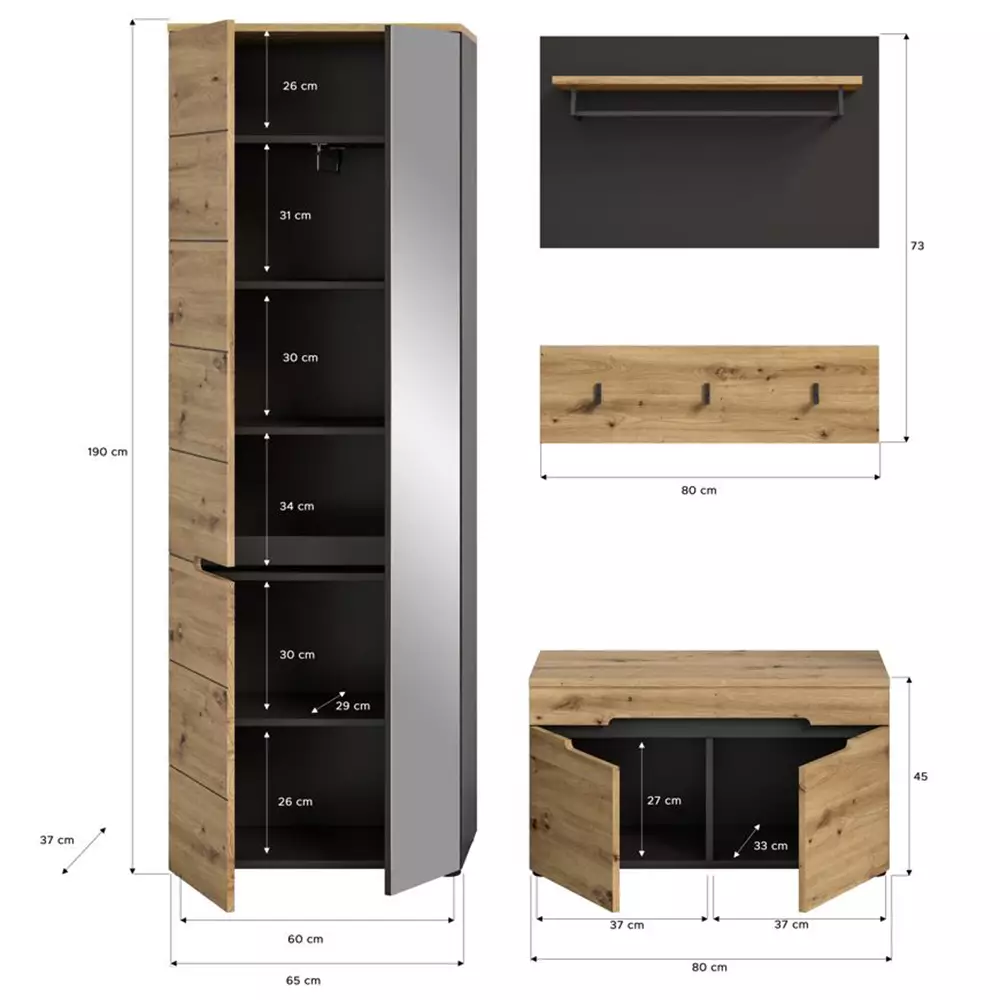 Lomadox Garderoben Set 3-teilig modern in Eiche mit grau CORTONA-158 Kauf eins, bekomm eins gratis