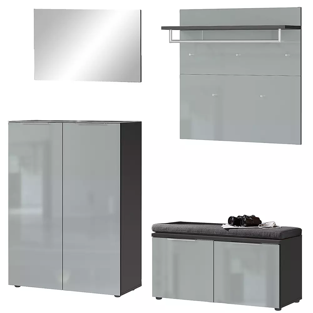 Lomadox Garderoben Set 4-teilig inkl. Sitzkissen graphit Glasfront grau GENEVA-01