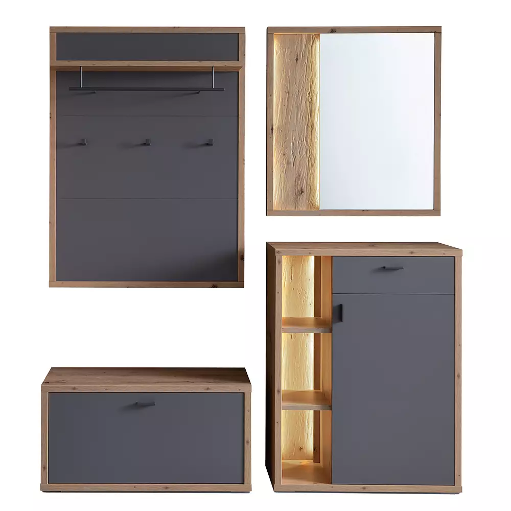 Lomadox Garderoben Set 4-teilig mit Kommode, optionale Beleuchtung, grau matt, Eiche, LAKELAND-05 Wochenangebot