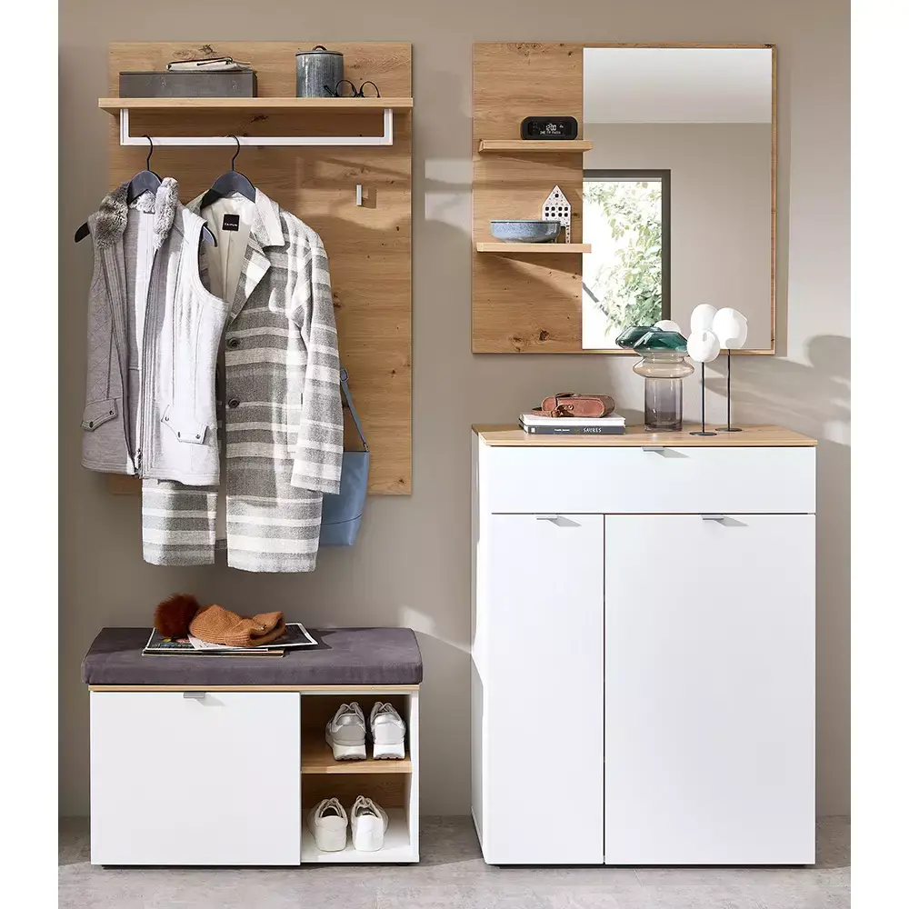 Lomadox Garderoben Set 4-teilig mit Schuhschrank weiß matt mit Eiche BLISS-36