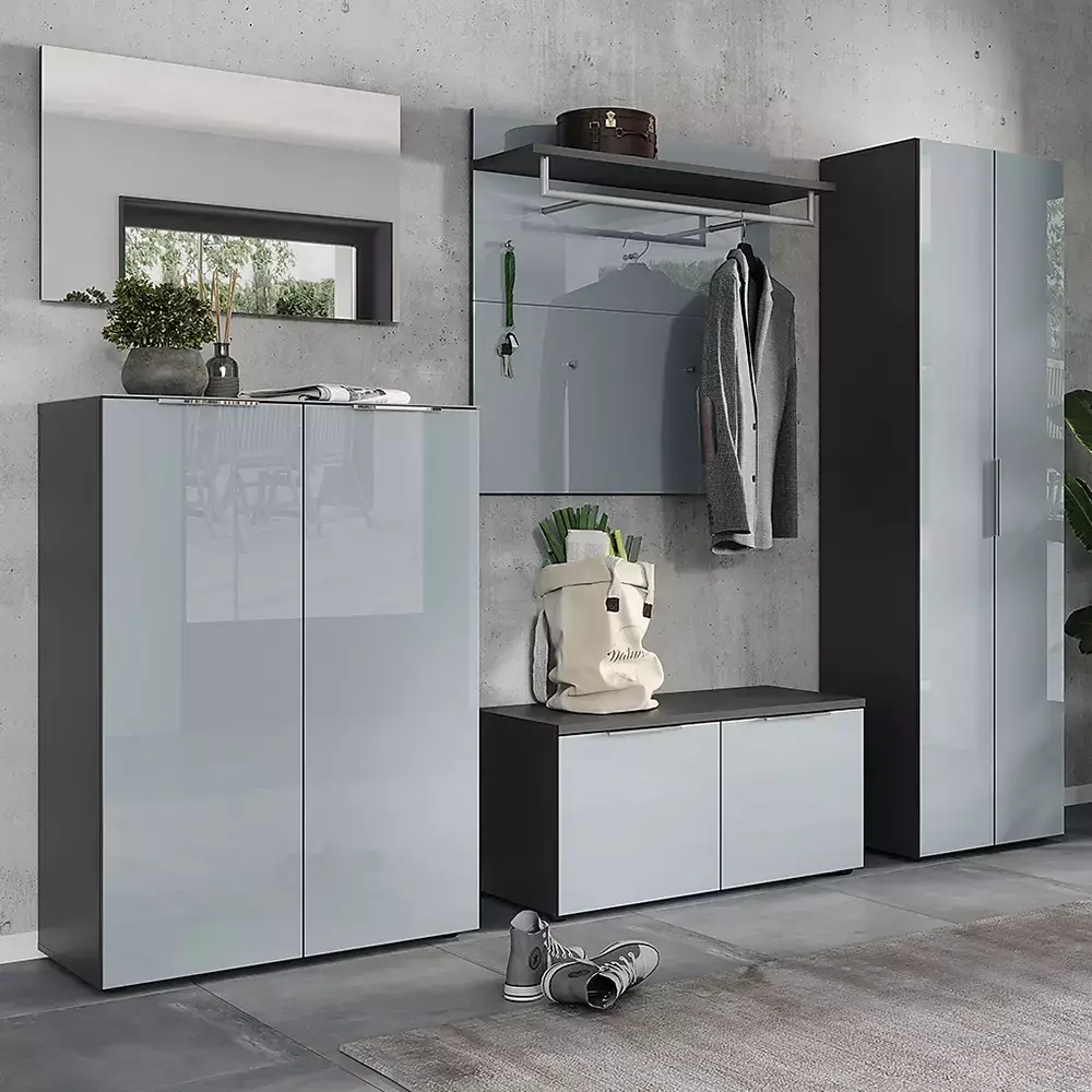 Lomadox Garderoben Set 5-teilig graphit Glasfronten grau GENEVA-01