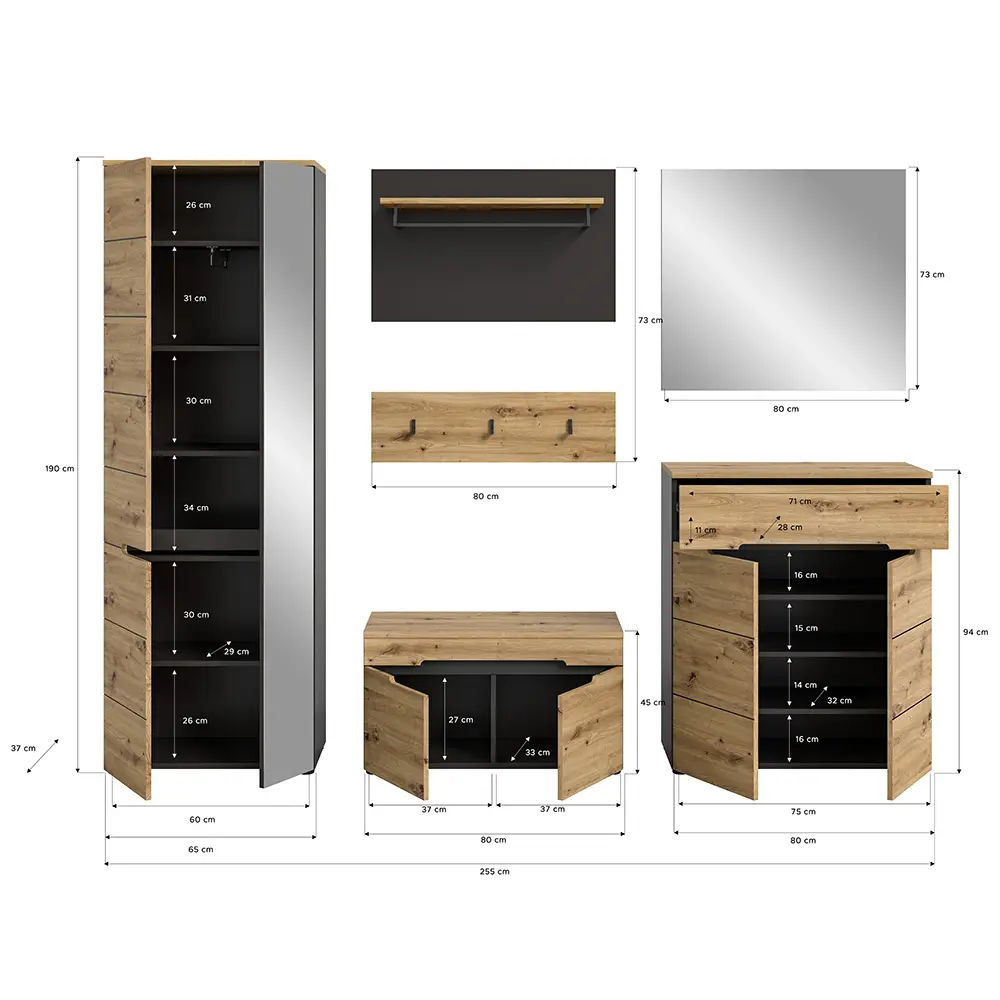 Lomadox Garderoben Set 5-teilig modern in Eiche mit grau CORTONA-158 Zeitbegrenzte Promotion
