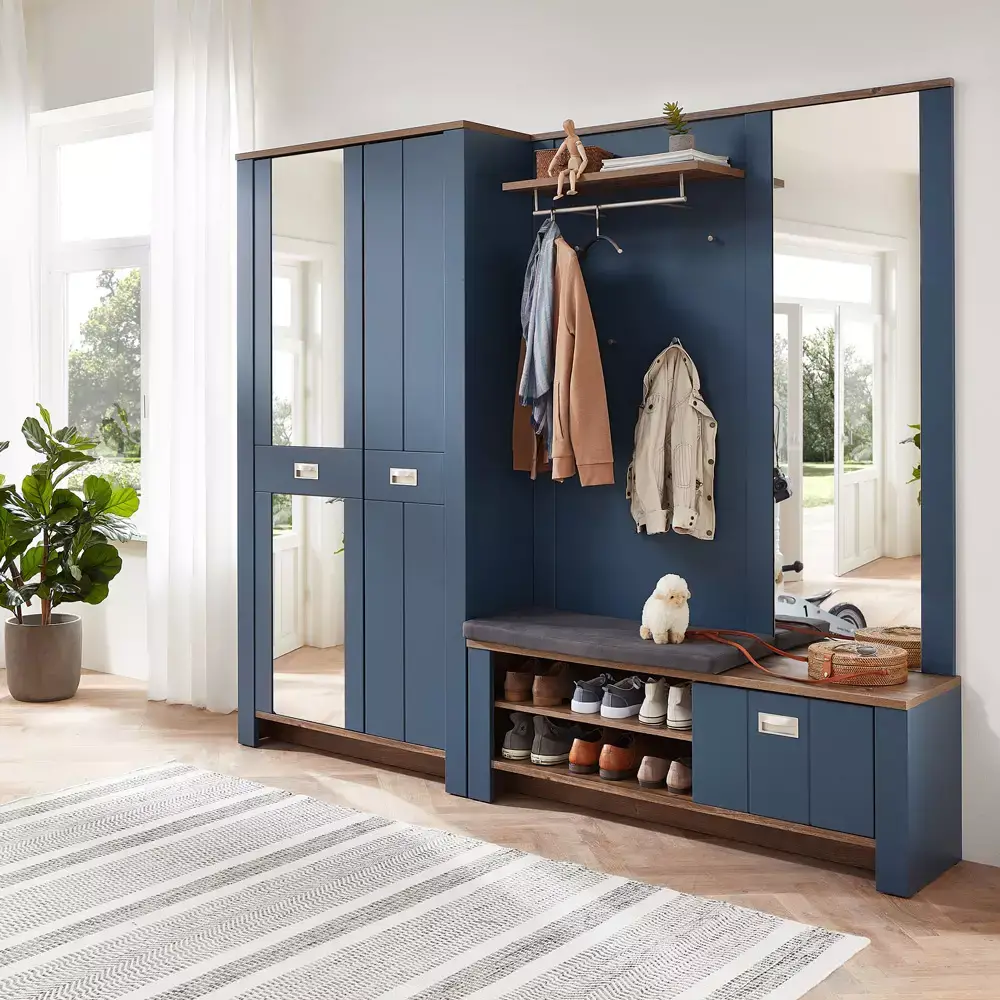 Lomadox Garderobenpaneel matt blau mit Eiche DEVON-36 Landhausstil, 130 cm breit mit Spiegel Jubiläumsangebot