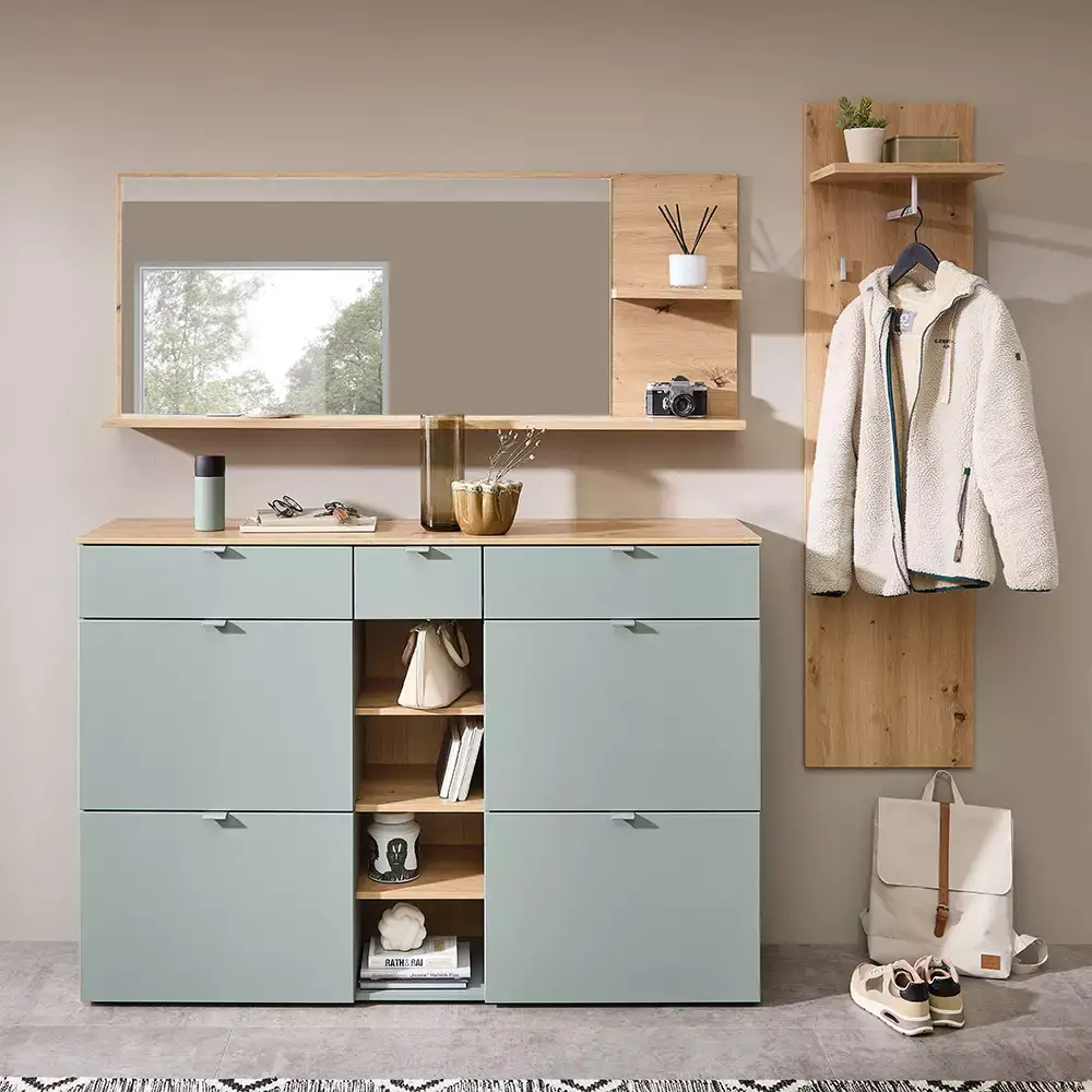 Lomadox Garderobenset modern 3-teilig mit Kommode grün matt mit Eiche BLISS-36 Letzte 3 Tage