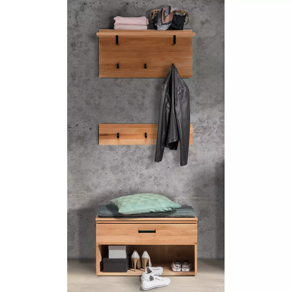 Lomadox Hakenleiste Eiche massiv, geölt LEUNA-64 mit Metall Haken in schwarz, B/H/T: ca. 80/18/4 cm Outlet