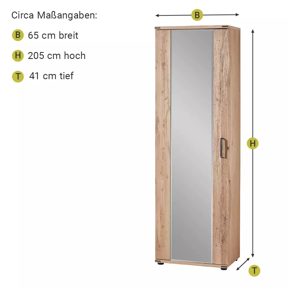 Lomadox Garderobenschrank in Eiche teilmassiv BESKO-55 mit Spiegeltür Günstig kaufen